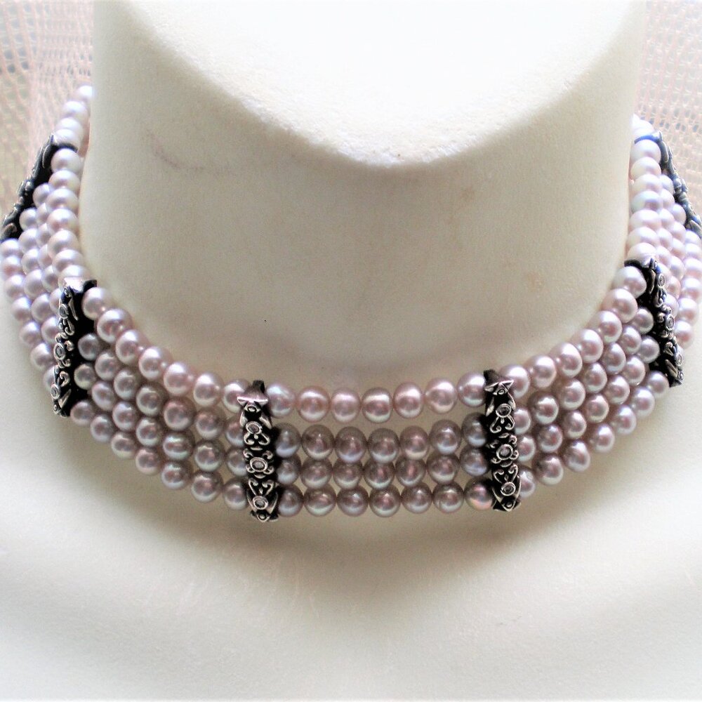 Artisan Sterling Silver Genuine Diamond Pearl Beaded Necklace Choker Collier